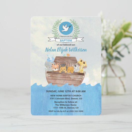 Noah's Ark Baptism uitnodiging (Staand voorkant)