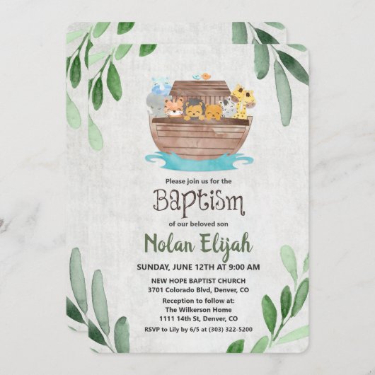 Noah's Ark Baptism uitnodiging (Voorkant / Achterkant)
