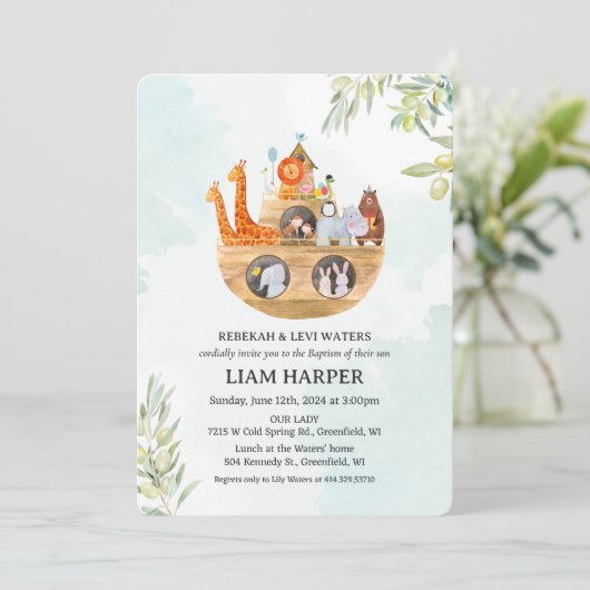 Noah's Ark Baptism uitnodiging (Staand voorkant)