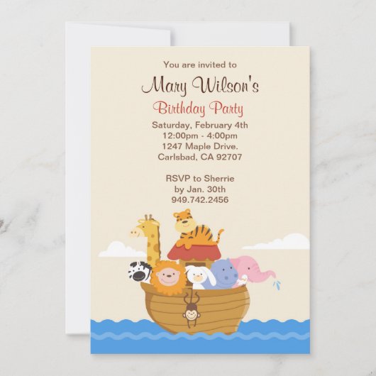 Noahs Ark Birthday Party Invitation Kaart (Voorkant)
