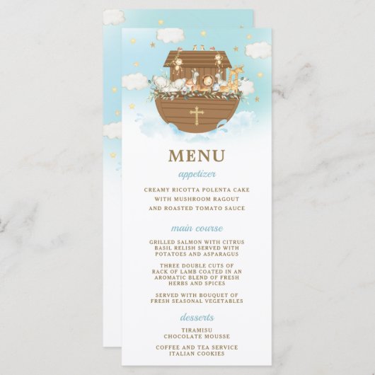 Noah's Ark Blue Baptism Birthday Baby shower Menu (Voorkant / Achterkant)
