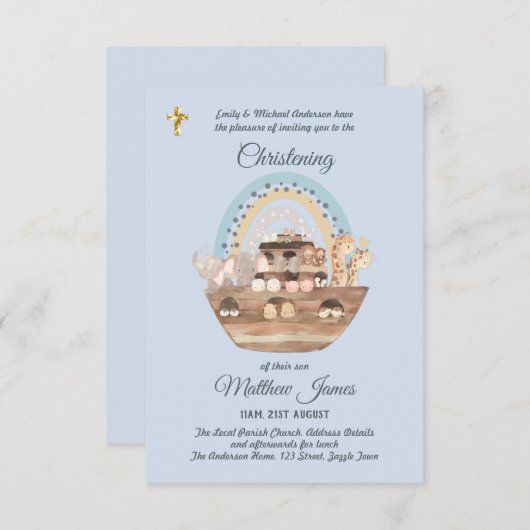 Noah's Ark Blue Boys Christening Invite Baptism (Voorkant / Achterkant)