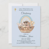 Noah's Ark Blue Boys Christening Invite Baptism Kaart (Voorkant)