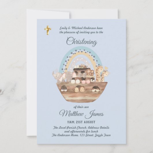 Noah's Ark Blue Boys Christening Invite Baptism Kaart (Voorkant)