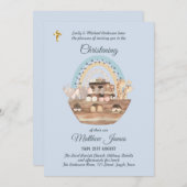 Noah's Ark Blue Boys Christening Invite Baptism Kaart (Voorkant / Achterkant)