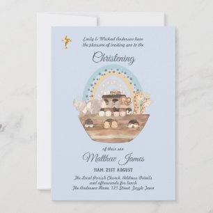 Noah's Ark Blue Boys Christening Invite Baptism Kaart
