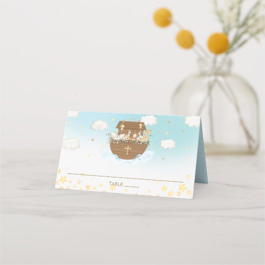 Noah's Ark Blue Cute Animals Baptism Guest Name Plaatskaartje (Voorkant)