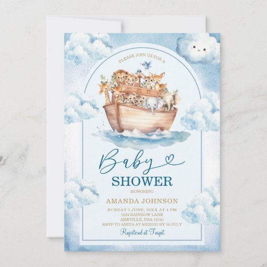  Noah's Ark Blue Watercolor Baby Shower Kaart (Voorkant)