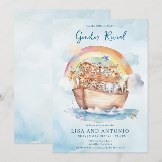 Noah's Ark Blue Waterverf Genderonthulling Kaart (Voorkant / Achterkant)