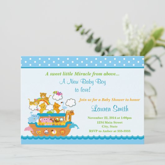 Noah's Ark Boy Baby shower Invitation 5x7 Card Kaart (Staand voorkant)