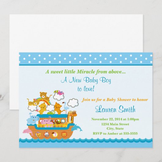 Noah's Ark Boy Baby shower Invitation 5x7 Card Kaart (Voorkant / Achterkant)