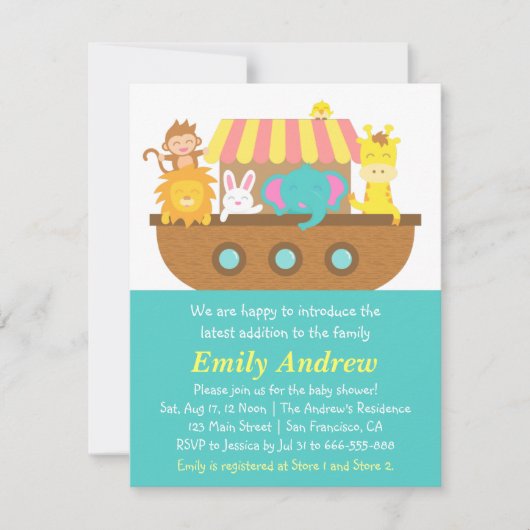 Noah's Ark, Cute Animals, Baby shower Kaart (Voorkant)