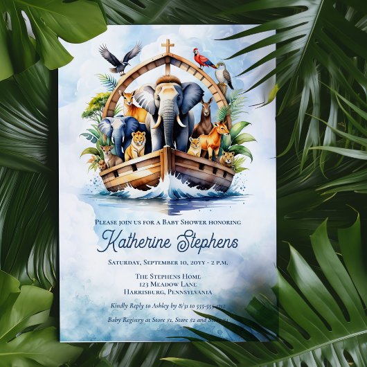 Noah's Ark Cute Animals Blue Boy Baby Shower Kaart