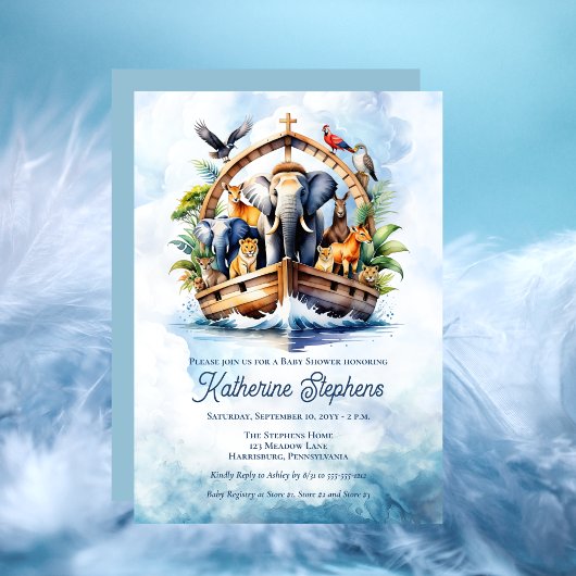 Noah's Ark Cute Animals Blue Boy Baby Shower Kaart