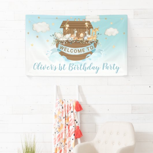 Noah's Ark Cute Animals Boy 1st Birthday Backdrop Spandoek (Insitu)