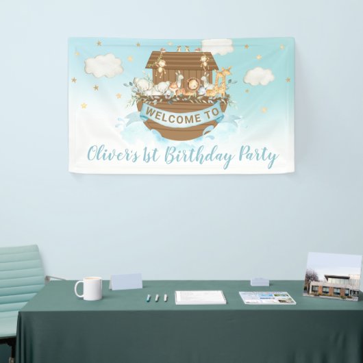 Noah's Ark Cute Animals Boy 1st Birthday Backdrop Spandoek (Beurs)