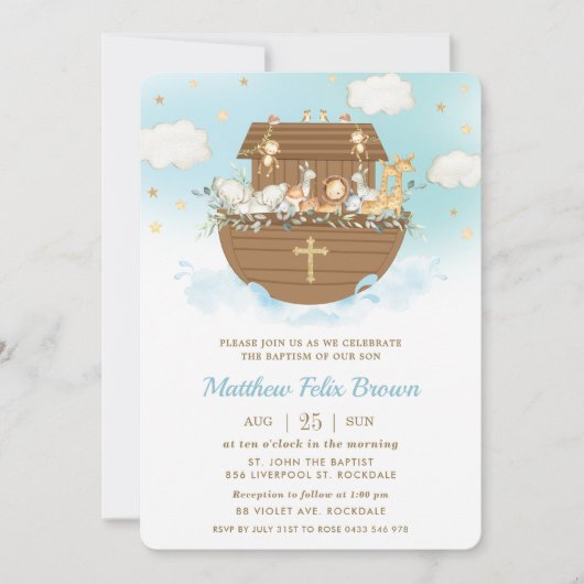 Noah's Ark Cute Animals Boy Baptism Christening Kaart (Voorkant)