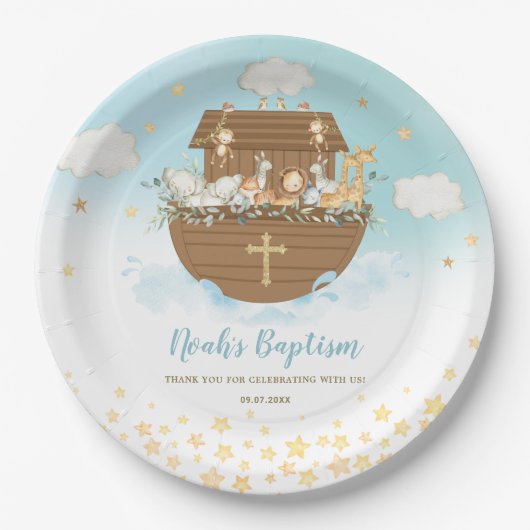 Noah's Ark Cute Animals Boy Baptism Christening Papieren Bordje (Voorkant)