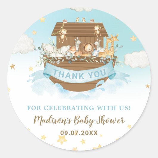 Noah's Ark Cute Animals Boy Birthday Baby shower Ronde Sticker (Voorkant)