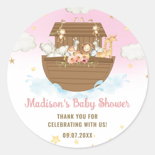 Noah's Ark Cute Animals Girl Baby shower Favor Ronde Sticker (Voorkant)