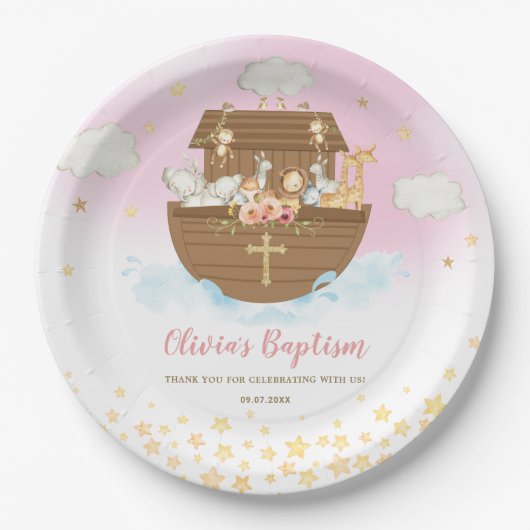 Noah's Ark Cute Animals Girl Baptism Christening Papieren Bordje (Voorkant)