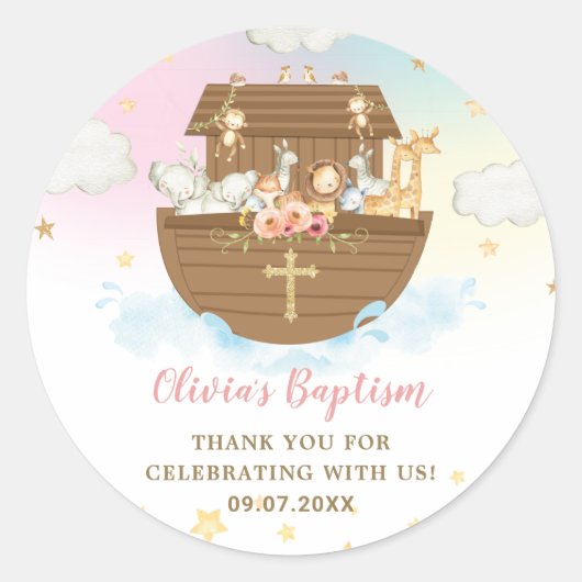Noah's Ark Cute Animals Girl Baptism Christening Ronde Sticker (Voorkant)