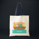 Noah's Ark, Cute Animals voor kinderen Tote Bag<br><div class="desc">Vaar op het zee met dit kleurrijke en schattige Noah's Ark-ontwerp. Het beschikt over een schip vol met schattige babydieren zoals een aap, een oranje leeuw, een wit konijn, een blauwe olifant, een giraffe en een vogel. Schattig en aantrekkelijk canvas tas ontwerp voor kinderen met naam personalisatie.</div>
