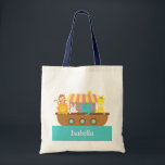 Noah's Ark, Cute Animals voor kinderen Tote Bag<br><div class="desc">Vaar op het zee met dit kleurrijke en schattige Noah's Ark-ontwerp. Het beschikt over een schip vol met schattige babydieren zoals een aap, een oranje leeuw, een wit konijn, een blauwe olifant, een giraffe en een vogel. Schattig en aantrekkelijk canvas tas ontwerp voor kinderen met naam personalisatie.</div>