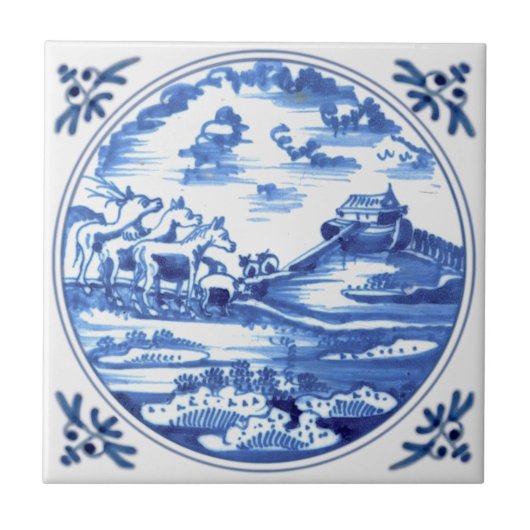 Noah's Ark Delft Blue Bijbelverhaal Antiek Repro Tegeltje (Voorkant)