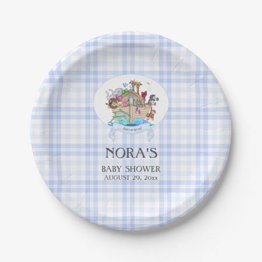 Noah's Ark Dieren Blue Gingham Papieren Bordje (Voorkant)