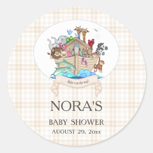 Noah's Ark Dieren Ivory Gingham Ronde Sticker (Voorkant)