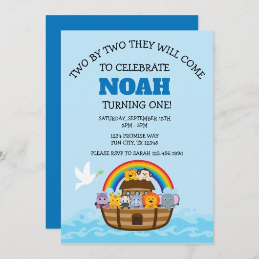 Noah's Ark First Birthday Party for Boys Kaart (Voorkant / Achterkant)