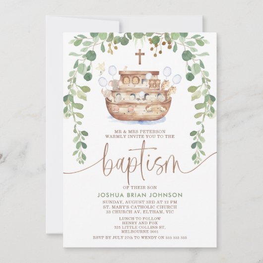 Noah's Ark Foliage Boys Doop Uitnodiging (Voorkant)