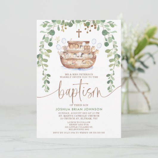 Noah's Ark Foliage Boys Doop Uitnodiging (Staand voorkant)