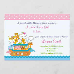 Noah's Ark Girl Baby shower Invitation 5x7 Card Kaart