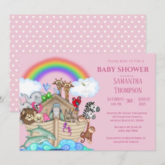 Noah's Ark Girls Baby shower Uitnodiging (Voorkant / Achterkant)