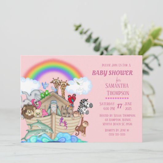 Noah's Ark Girls Baby shower Uitnodiging (Staand voorkant)