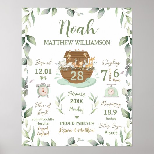 Noah's Ark Greenery Baby Geboorte Stats Kwekerij Poster (Voorkant)