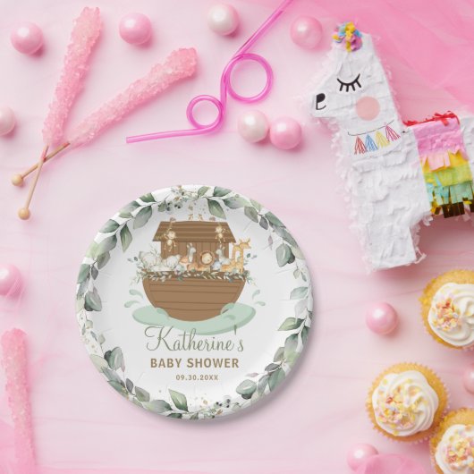 Noah's Ark Greenery Baby shower Birthday Baptism Papieren Bordje (Feest)