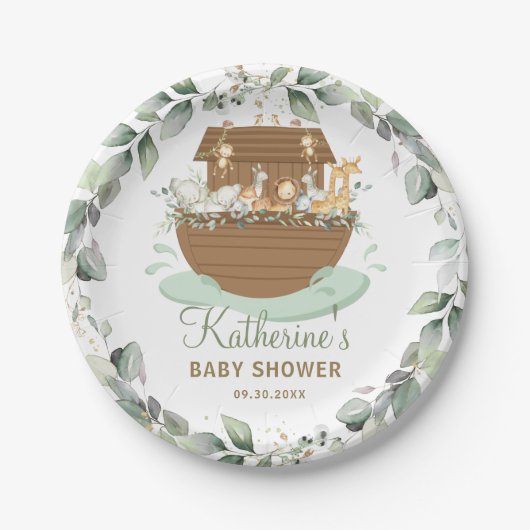 Noah's Ark Greenery Baby shower Birthday Baptism Papieren Bordje (Voorkant)