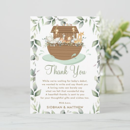 Noah's Ark Greenery Baby shower Gender Neutral Bedankkaart (Staand voorkant)
