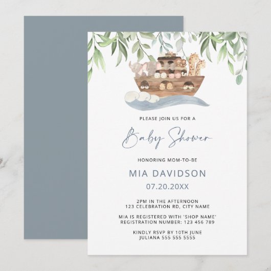 Noah's Ark Greenery Baby shower Uitnodiging (Voorkant / Achterkant)