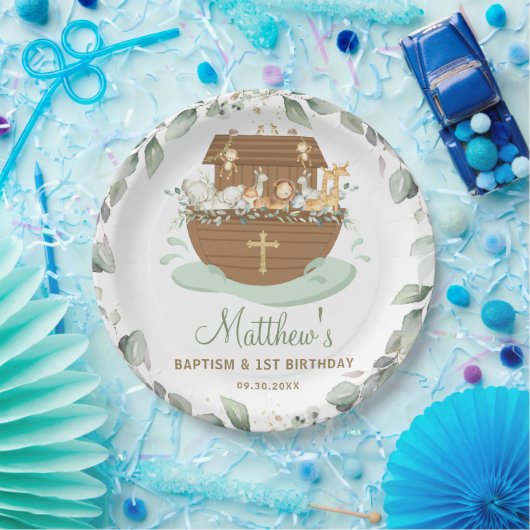 Noah's Ark Greenery Baptism Christening Birthday Papieren Bordje (Feest)