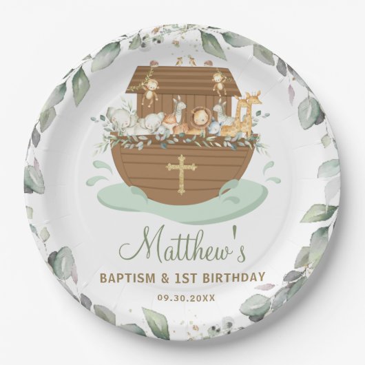 Noah's Ark Greenery Baptism Christening Birthday Papieren Bordje (Voorkant)