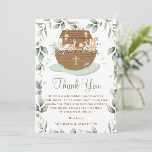 Noah's Ark Greenery Baptism Christening Neutral Bedankkaart (Staand voorkant)