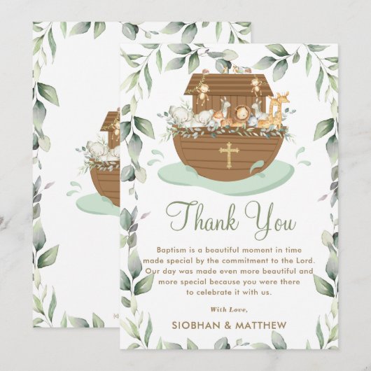 Noah's Ark Greenery Baptism Christening Neutral Bedankkaart (Voorkant / Achterkant)