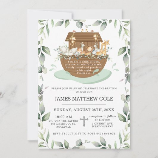 Noah's Ark Greenery Baptism Christening Neutral in Kaart (Voorkant)