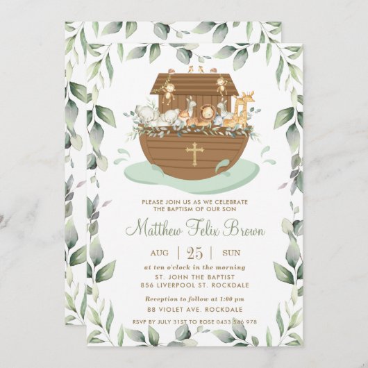 Noah's Ark Greenery Baptism Christening Neutral Kaart (Voorkant / Achterkant)
