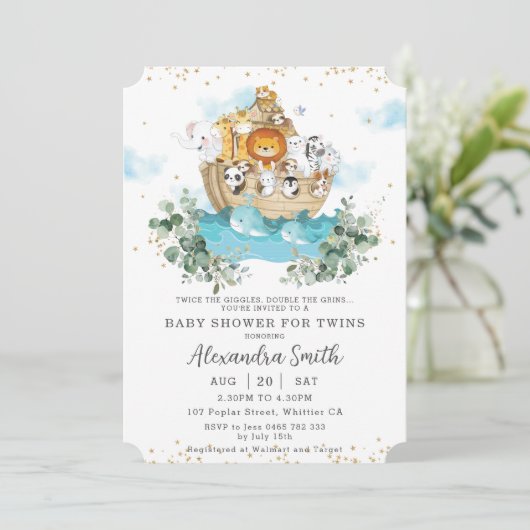 Noah's Ark Greenery Cute Animals Twins Baby shower Kaart (Staand voorkant)