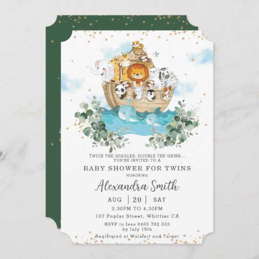 Noah's Ark Greenery Cute Animals Twins Baby shower Kaart (Voorkant / Achterkant)
